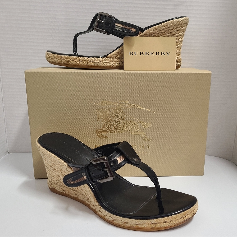 Burberry Vintage Black Patent Nova Check Wedge Thong Sandals with Box Sz 41 US 9 - Picture 3 of 16
